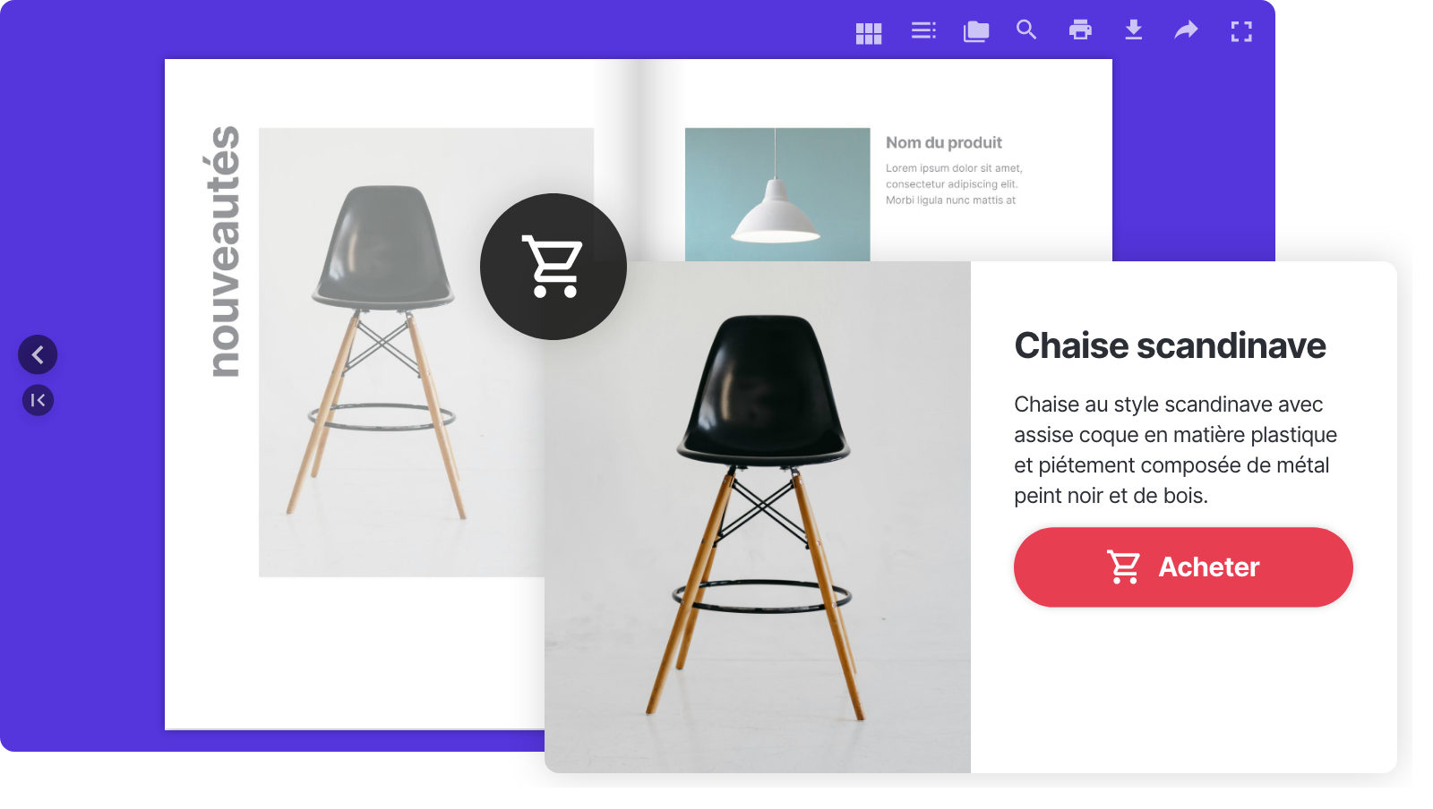 Catalogue Calaméo avec une fiche produit et son bouton « Acheter »