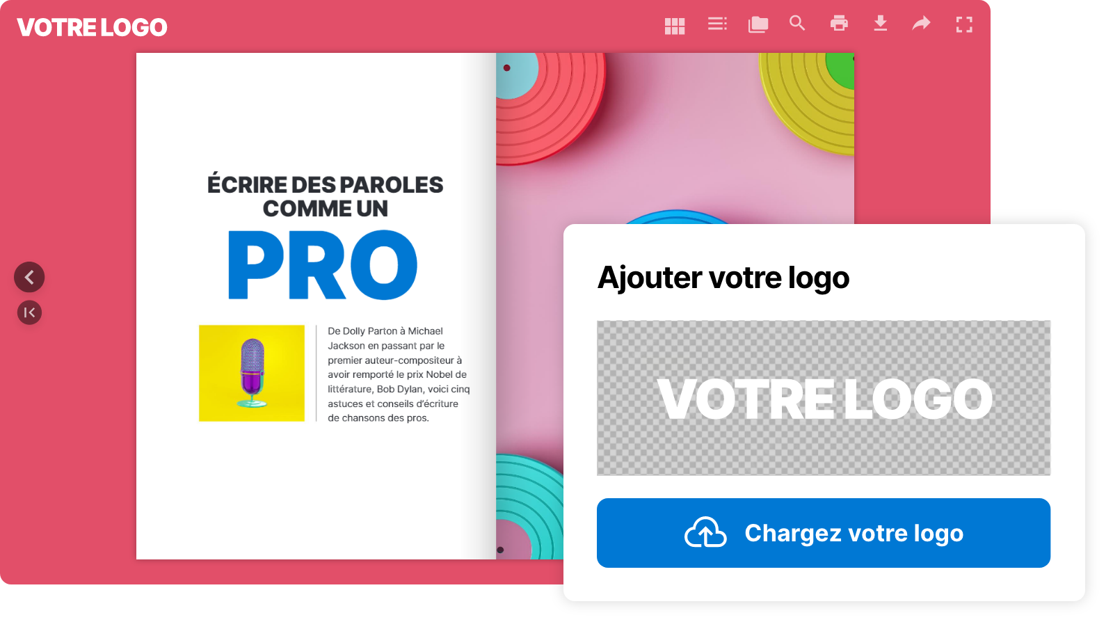 Flipbook Calaméo personnalisé avec la fenêtre « Ajouter votre logo »